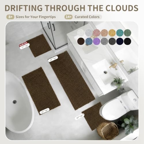 Bathroom Rugs Non Slip Washable 55x24, Extra Thick Soft Chenille Absorbent Bath Mat, High Density Barrier Non Slip Backing, Quick Dry Plush Shaggy Floor Carpet for Tub&Shower, Brown