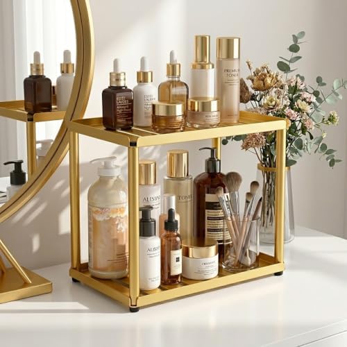 2 Tier Bathroom Counter Organizer, Rectangular Vanity Organizer Shelf, Skincare and Makeup Countertop Storage Rack for Kitchen, Bathroom, Bedroom Gold