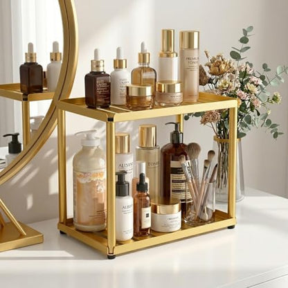 2 Tier Bathroom Counter Organizer, Rectangular Vanity Organizer Shelf, Skincare and Makeup Countertop Storage Rack for Kitchen, Bathroom, Bedroom Gold