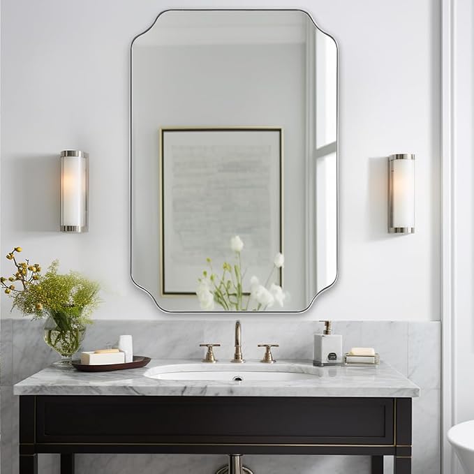 Chrome Bathroom Mirror, 20x30 Inch Polished Nickel Vanity Mirror, Scalloped Mirror in Rustproof Stainless Steel Thin Frame, Unique Rounded Notched Corners, Ideal for Narrow Bathroom Remodel