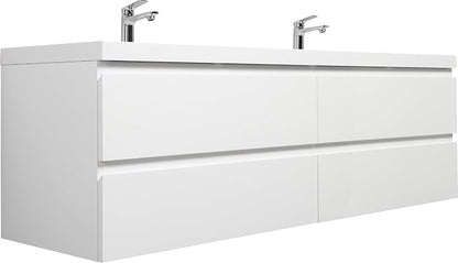 Floating Bathroom Vanity with Double Sinks, 72" Wall-Mounted Bathroom Storage Vanity Cabinet with Resin Top Basin and Soft Close Drawers, No Assembly Required, Glossy White