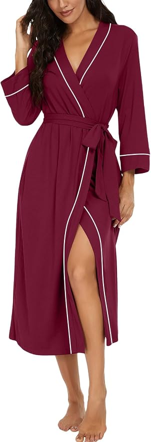 PrinStory Robes for Women 3/4 Sleeve Long Bath Robe XS-4XL | V-Neck Knit Bathrobe with Pockets, Lightweight, Soft, Breathable Robes for Shower, Spa, Travel, Home, Party, Nursing