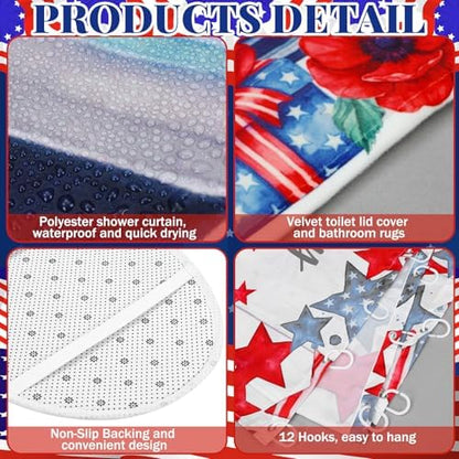 FuWeave 8 Pcs 4th of July Shower Curtain Set, Patriotic Gnome & Truck Bathroom Decor, 250th Anniversary White Red Blue American Flag, Includes Towels, Non-Slip Rugs, Toilet Lid Cover & 12 Hooks