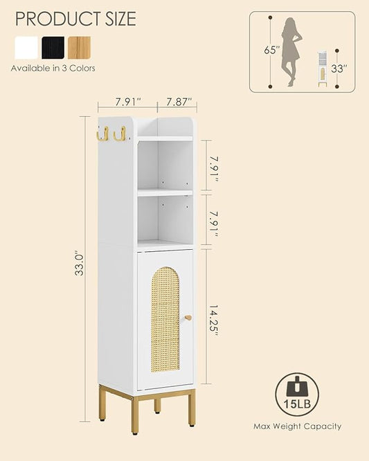 Bathroom Storage Cabinet, Small Corner Floor Hutch with Door and Shelves, Narrow Toilet Paper Cabinet, Bathroom Organizer with Adjustable Shelf, for Small Spaces (Classic-Rattan, White)