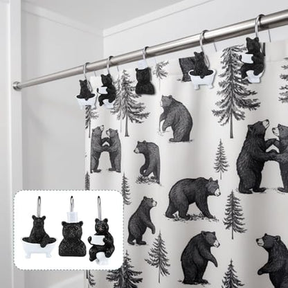 Roowest 12 Pcs Black Bear Shower Curtain Hooks, Stainless Steel Rings