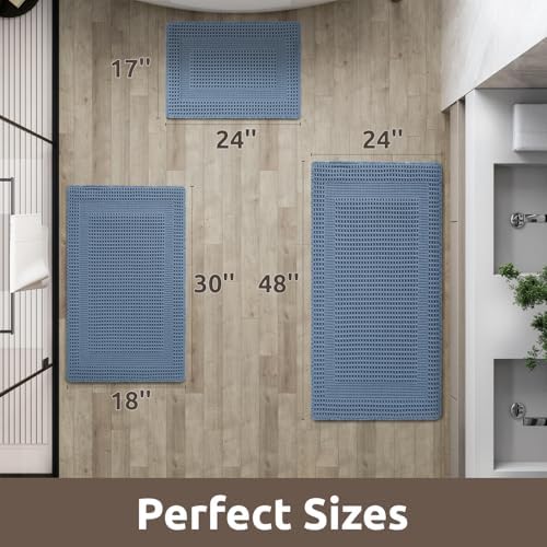 AMOAMI Waffle Bath Mat, Absorbent Bathroom Rugs Non Slip 18''x30'' Blue