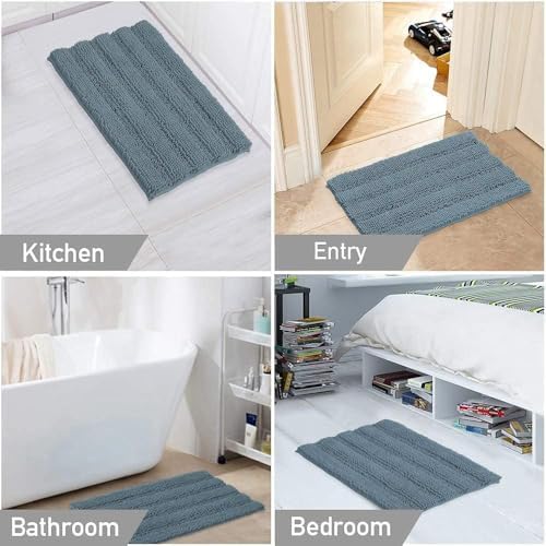 Turquoize Small Bathroom Rug 17x24, Absorbent Chenille Bath Rug, Stone Blue