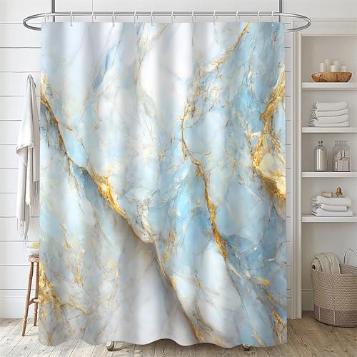 Nkzply 4 Pcs Blue Marble Shower Curtain Set White Bathroom Sets with Shower Curtain and Rugs Gold Modern Abstract Bathroom Decor Accessories Bathroom Rugs Toilet Lid Cover with Hooks