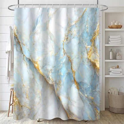 Nkzply 4 Pcs Blue Marble Shower Curtain Set White Bathroom Sets with Shower Curtain and Rugs Gold Modern Abstract Bathroom Decor Accessories Bathroom Rugs Toilet Lid Cover with Hooks