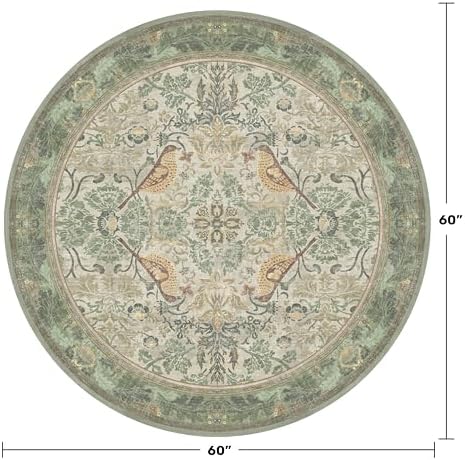 Hazo Haus Washable Sage Green 5ft Area Round Rug for Living Room - Vintage Circular Rug for Kids Bedroom, Dining Room, Office with Botanical Floral Bird Pattern, Low Pile Non Slip Stain Resistant