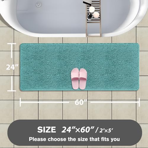Bathroom Runner Rug 24 x 60 Inch – Extra Large Long Bath Mat | Absorbent and Washable Thick Chenille Bath Rug Non-Slip Runner Rug for Bathroom, Shower, Sink(Teal)