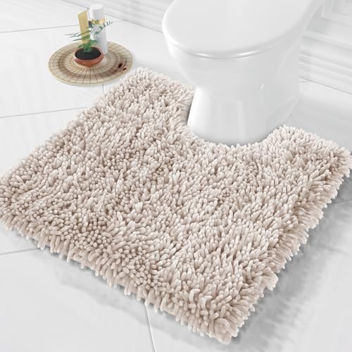 Yimobra Toilet Rugs U Shaped Washable, Extra Thick Soft Absorbent Chenille Contour Bathroom Rugs for Toilet 24x24 Inch, Quick Dry Non Slip Toilet Mat for Bath Floor, Khaki