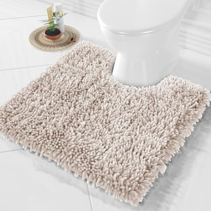 Yimobra Toilet Rugs U Shaped Washable, Extra Thick Soft Absorbent Chenille Contour Bathroom Rugs for Toilet 24x24 Inch, Quick Dry Non Slip Toilet Mat for Bath Floor, Khaki