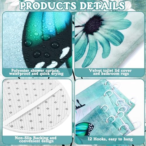 FuWeave 8 Pcs Vintage Daisy Shower Curtain Set Bathroom Decor Daisy Waterproof Bathroom Accessories Shower Curtain Sets with Towels Carpet Bath Mat Toilet Rugs and 12 Hooks