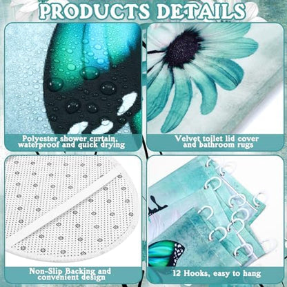 FuWeave 8 Pcs Vintage Daisy Shower Curtain Set Bathroom Decor Daisy Waterproof Bathroom Accessories Shower Curtain Sets with Towels Carpet Bath Mat Toilet Rugs and 12 Hooks
