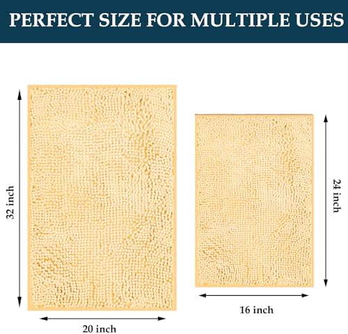 Bathroom Rugs Set 2 Piece Bath Mats Non Slip for Bathrooms, Thick Soft Chenille Rug Set, Ultra Absorbent Bath Carpet, Shaggy Floor Mat, Cream, 20"x32" & 16"x24"