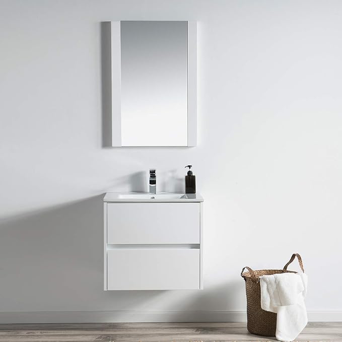 Blossom 24" Modern Bathroom Vanity and Sink Combo - Zero MDF Marine Grade Plywood Wall Mount Vanity - Preassembled Small Space Bathroom Storage, Glossy White Floating Sink Cabinet