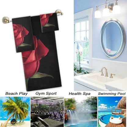Naanle 3D Beautiful Red Rose Print Soft Luxury Decorative Set of 3 Towels, 1 Bath Towel+1 Hand Towel+1 Washcloth, Multipurpose for Bathroom, Hotel, Gym, Spa and Beach(Black)