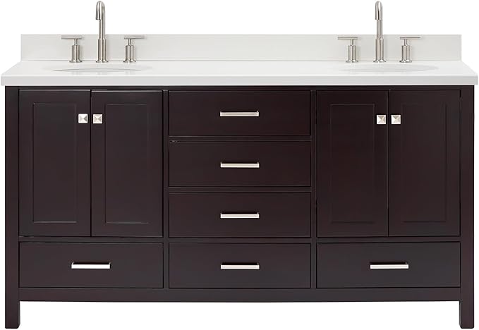 ARIEL Cambridge 66-inch Bathroom Vanity with Sink,Solid Wood, 1.5-inch Pure White Quartz Countertop & Backsplash, Double Oval Porcelain Sink, 4 Soft Closing Doors, 6 Dovetail Drawers, Espresso