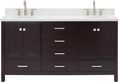 ARIEL Cambridge 66-inch Bathroom Vanity with Sink,Solid Wood, 1.5-inch Pure White Quartz Countertop & Backsplash, Double Oval Porcelain Sink, 4 Soft Closing Doors, 6 Dovetail Drawers, Espresso