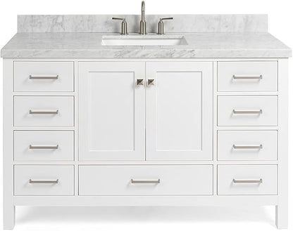 ARIEL Cambridge 54-inch Bathroom Vanity with Sink,Solid Wood, 1.5-inch Italian Carrara Marble Countertop, Single Rectangular Porcelain Sink, 2 Soft Closing Doors, 9 Dovetail Drawers, White
