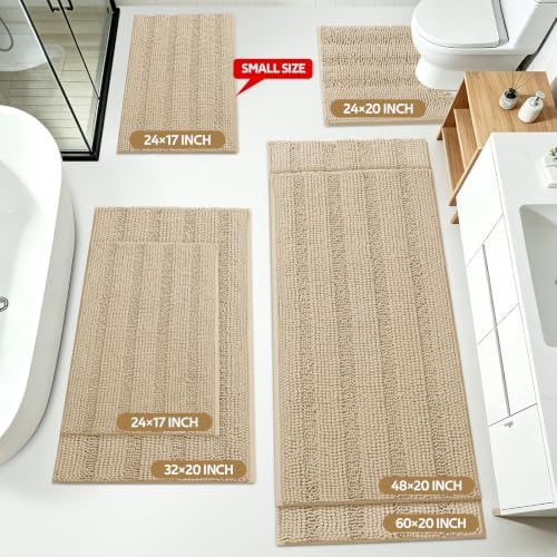 ACCUMTEK Striped Beige Bathroom Rug Set 3 Pieces Ultra Soft, Non Slip Chenille Toilet Mat, Absorbent Plush Shaggy Bath Mats for Bathroom, Bedroom, Kitchen