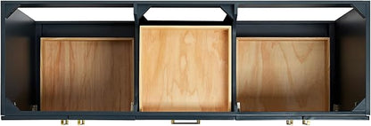 DKB Emilia 66-Inch Midnight Blue Double Bathroom Vanity with Rectangular Sinks, 1.5-Inch Carrara Quartz Countertop & Backsplash, 4 Soft Closing Doors, 6 Dovetail Drawers, Toe Kick, Satin Brass