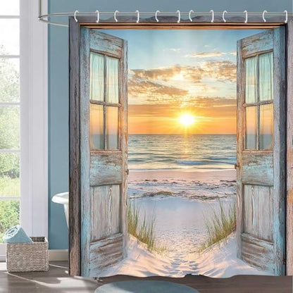 Beach Coastal Shower Curtain, Ocean Barn Door Nautical Sunrise Seaside Seascape Wave Decor Bath Curtains, Rustic Wood Teal Turquoise Bathroom Accessories Fabric Waterproof with Hooks, 72X84in