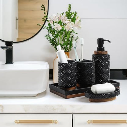 RQYIXI Ceramic Bathroom Accessories Set,Black,6 Piece,Embossed Design