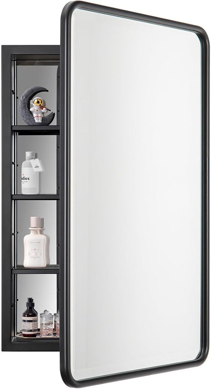 Black Bathroom Medicine Cabinet with Mirror 17 x 27 Metal Frame Recessed Or Wall Mounted Single Door Storage Medicine Cabinets with Adjustable Shelves Rounded Corner Beveled Mirrors