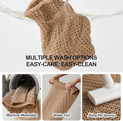 Sunfly Bathroom Runner Rug,Boho Herringbone Waffle Bath Mat Non-Slip Washable Super Absorbent Quick Dry, Farmhouse Bath Mat for Bathroom Floor Decor 24"x60" Khaki