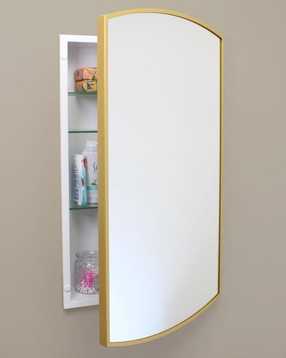 Fox Hollow Furnishings 16x26 Harper Crescent Metal Framed Rectangle Recessed Bathroom Medicine Cabinet, Arced Mirror, 14x24 in-Wall Opening, Adjustable Glass Shelves, Magnet Close, Gold