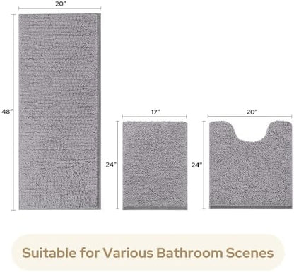 HOMEIDEAS Grey Long Chenille Bathroom Rugs Set of 3, Non Slip Bath Mat