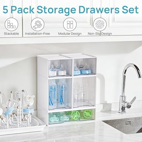 Vtopmart Stackable Storage Drawers Set of 5, Baby Bottle Organizer, White