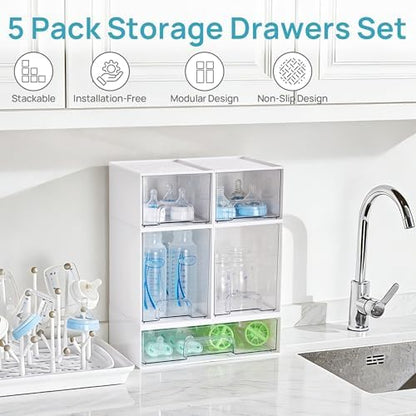 Vtopmart Stackable Storage Drawers Set of 5, Baby Bottle Organizer, White