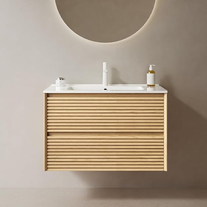 30" Floating Bathroom Vanity with Sink, Wall Mounted Modern Bathroom Cabinet with 2 Soft Close Drawers, Oak & Plywood, Pre-Assembled with Integrated Ceramic Basin – Sedona, Light Oak