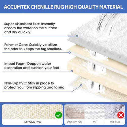ACCUMTEK Upgrade Extra Large White Bathroom Rug Set 3 Pieces Ultra Soft, Thick Absorbent Bath Mats, Non Slip Chenille Toilet Mat for Bathroom, Bedroom, Kitchen