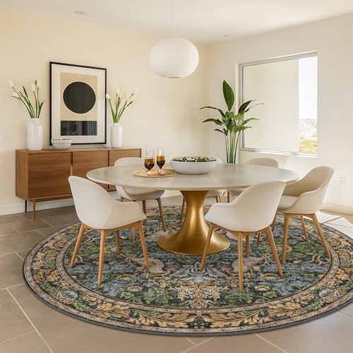 Washable Boho Round Rugs 8ft for Living Room, Ultra Soft Forest Large Circular Area Rugs for Bedroom, Dining Room Under Kitchen Table Non-Slip, Vintage Green Floral Round Floor Carpet Décor