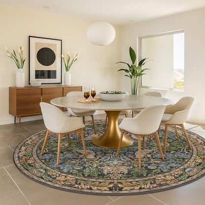 Washable Boho Round Rugs 8ft for Living Room, Ultra Soft Forest Large Circular Area Rugs for Bedroom, Dining Room Under Kitchen Table Non-Slip, Vintage Green Floral Round Floor Carpet Décor