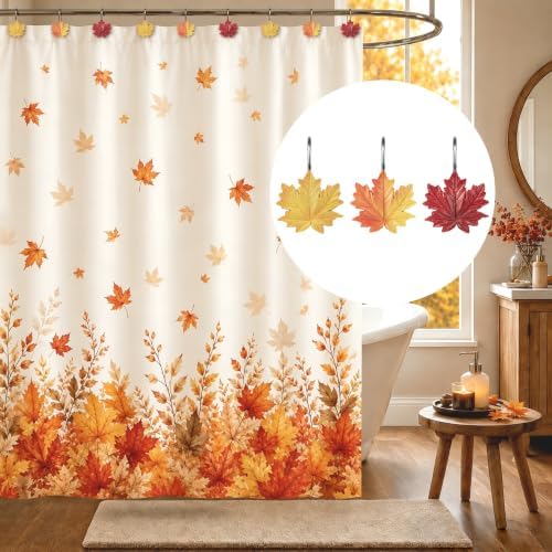 Sunlit Maple Leaf Shower Curtain Hooks, Yellow Orange Red Gradient Fall Autumn Shower Curtain Rings for Bathroom, Decorative Resin Maple Leaves Curtain Hangers, Bath Accessories, Set of 12
