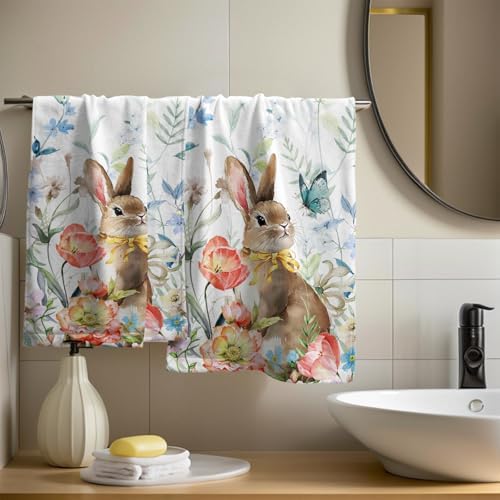 Spring Rabbit Hand Towels Set of 2 Easter Bunny Holiday Kitchen Dish Towels Watercolor Floral Hotel Spa Gym Bathroom Towels Set Gift Seasonal Easter Bathroom Decor