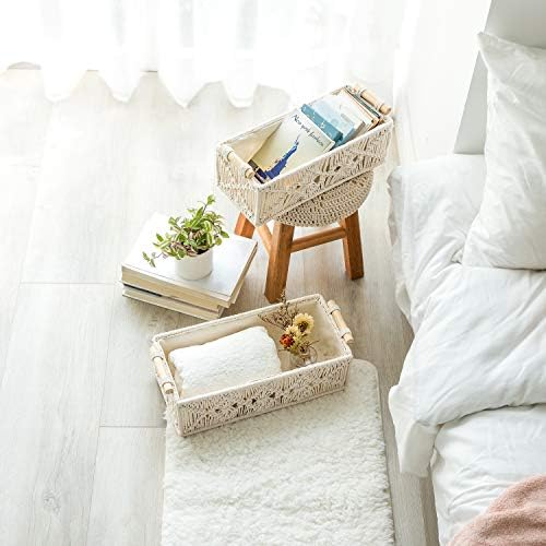 Mkono 2Pc Macrame Storage Basket, Boho Decor Toilet Paper Holder, Ivory