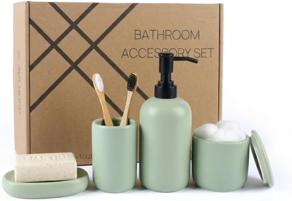 Ava Nord Modern Minimalist Ceramic Bathroom Accessories | Set of 4 | Green