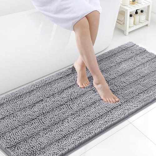 Grandaily Chenille Striped Bathroom Rugs 70x24, Extra Thick and Soft Absorbent Bath Mats, Rubber Backing, Plush Shaggy Shower Carpet, Machine Wash Dry, Bath Rug for Bathroom, Grey