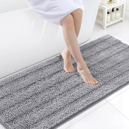 Grandaily Chenille Striped Bathroom Rugs 70x24, Extra Thick and Soft Absorbent Bath Mats, Rubber Backing, Plush Shaggy Shower Carpet, Machine Wash Dry, Bath Rug for Bathroom, Grey