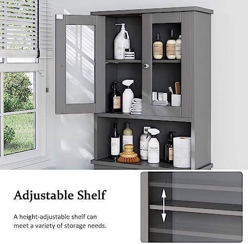 Over the Toilet Storage Cabinet for Bathroom, Storage Organizer Over Toilet, Bathroom Space Saver with Tempered Glass Doors, Gray