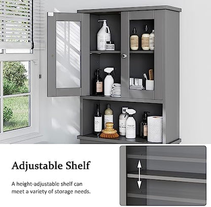 Over the Toilet Storage Cabinet for Bathroom, Storage Organizer Over Toilet, Bathroom Space Saver with Tempered Glass Doors, Gray