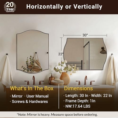 ANDY STAR 22"x30" Bronze Bathroom Mirror, Rectangle Scalloped Wall Mirror in Stainless Steel Metal Frame, Modern Brushed Bronze Finish with Curved Edge Design, Wall-Mount Mirror for Bathroom, Entryway