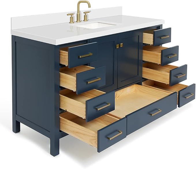 ARIEL Cambridge 60-inch Bathroom Vanity with Sink,Solid Wood, 1.5-inch Pure White Quartz Countertop, Single Rectangular Porcelain Sink, 2 Soft Closing Doors, 9 Dovetail Drawers, Midnight Blue
