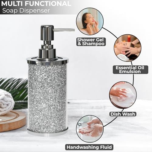 Escenzy Crushed Diamond Bathroom Accessories Set 3 Pcs | Silver Crystal Glass Soap Dispenser, Toothbrush Holder, Tumbler | Luxury Glam Bathroom Decor | Modern Vanity Organizer Gift